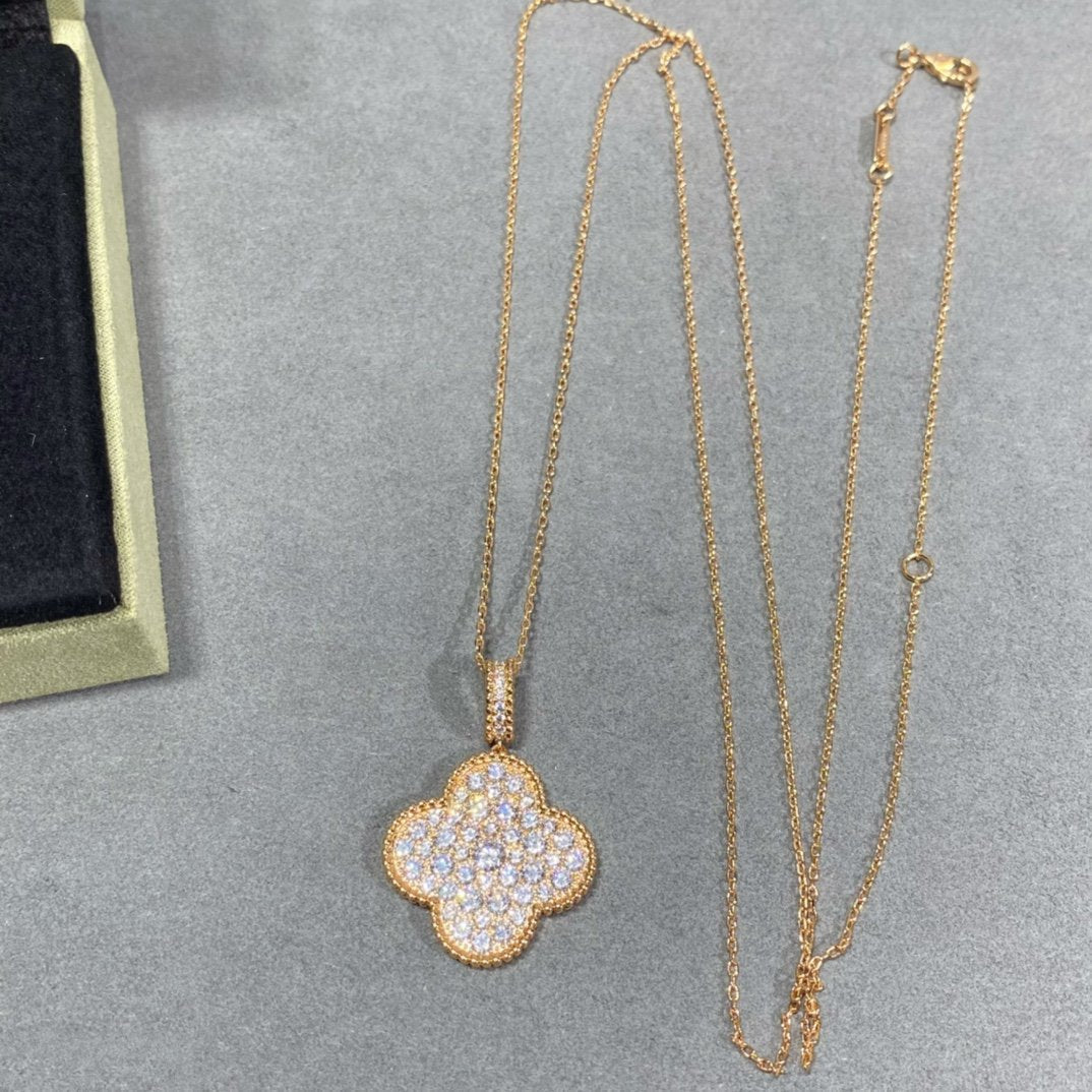 [AuraEcho]CLOVER 25MM LARGE PEDANT DIAMOND PAVED LONG NECKLACE