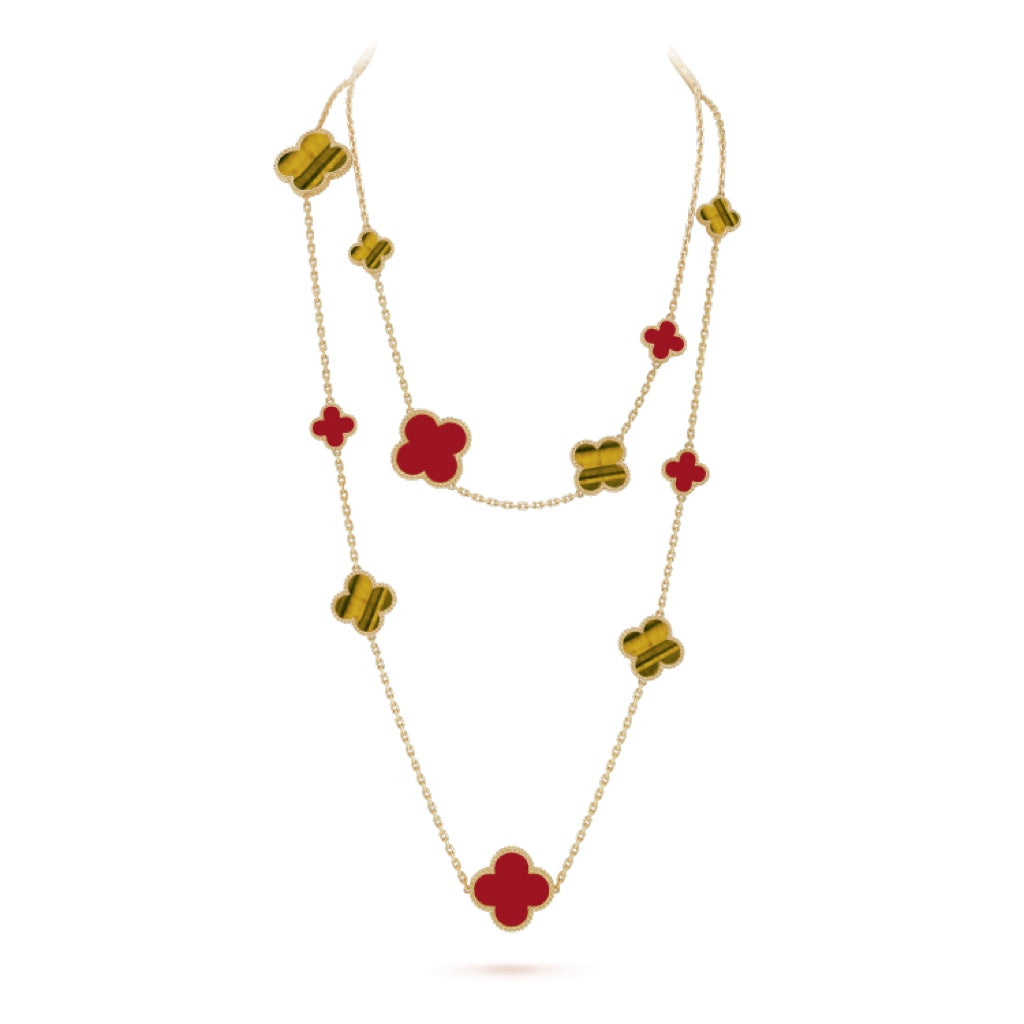 [AuraEcho]CLOVER 16 MOTIF CARNELIAN TIGER EYE ROSE GOLD NECKLACE