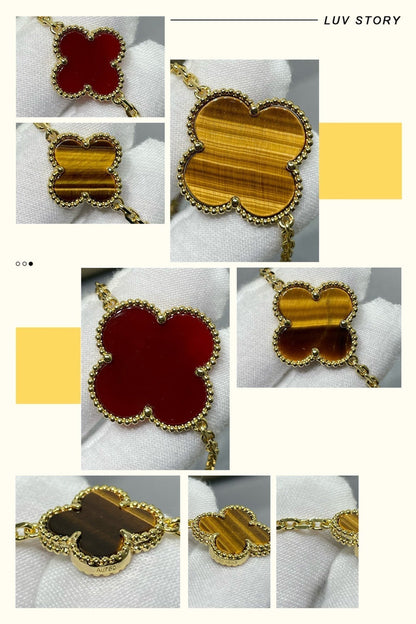 [AuraEcho]CLOVER 16 MOTIF CARNELIAN TIGER EYE ROSE GOLD NECKLACE